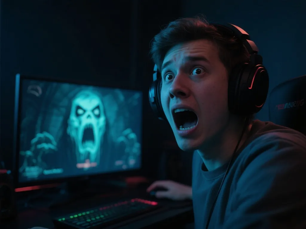 玩家在深夜挑战恐怖游戏，表情夸张又搞笑